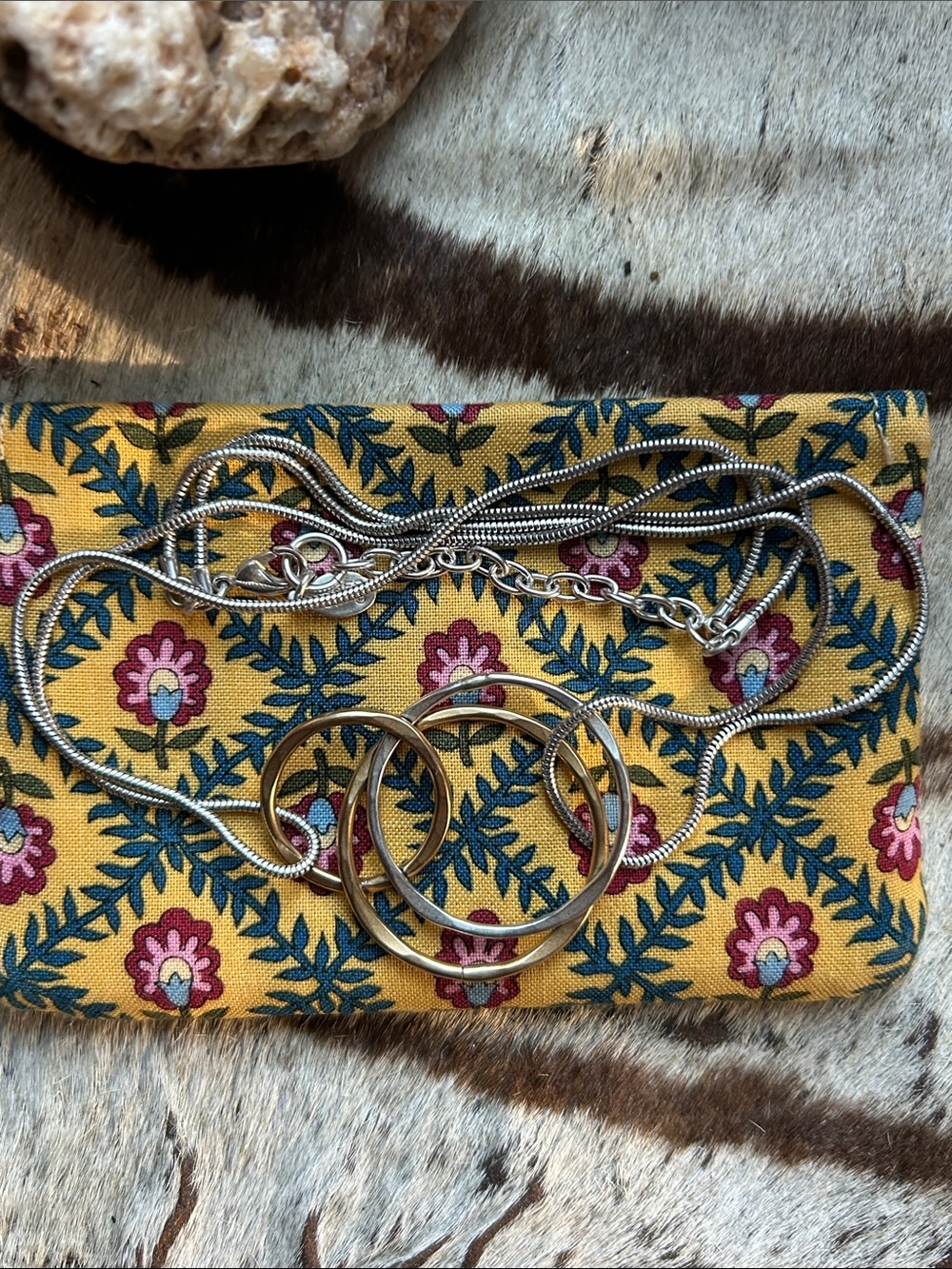 Beautiful Baer necklace with intersecting rings duo-tone with bag